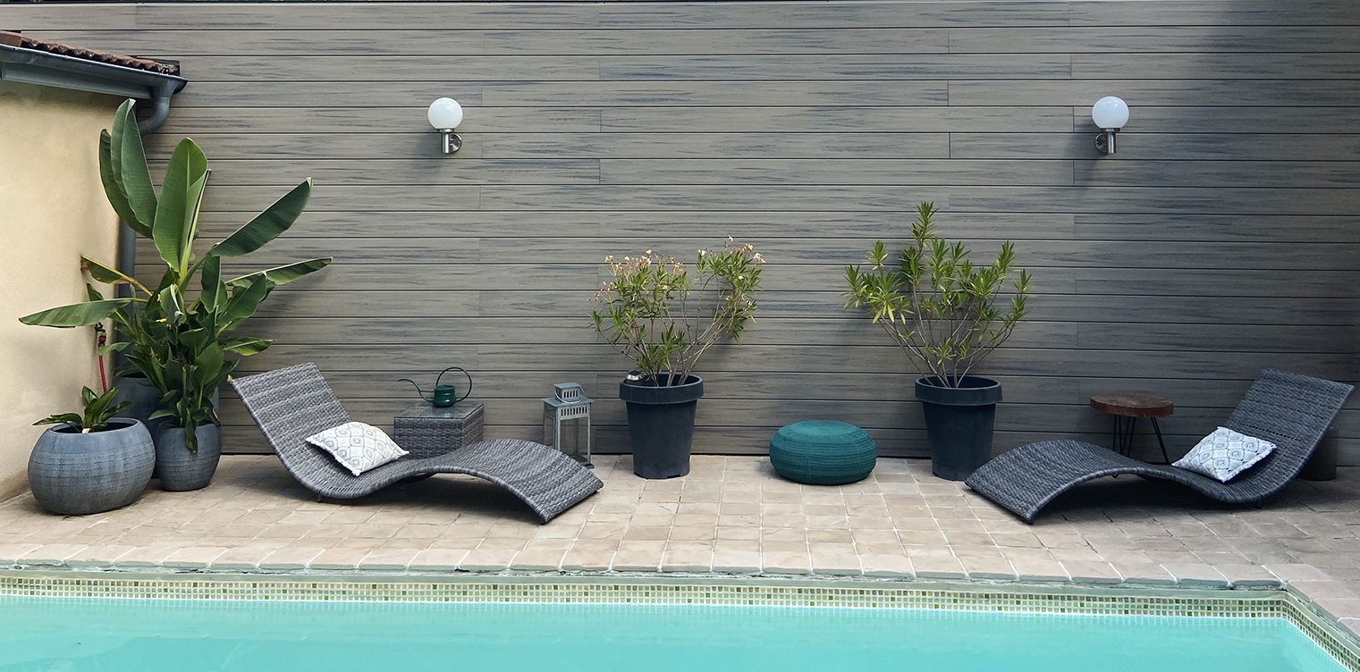 mur de jardin en composite neowood couleur gris sable